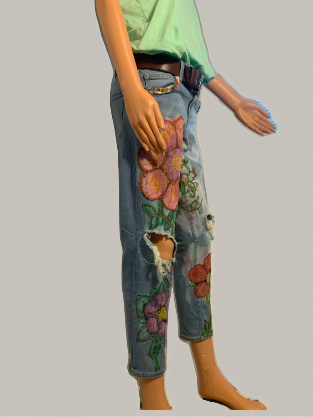Hand-Painted Floral Light Wash Women's Jeans - Pink & Orange Accents - Picture 4 of 12